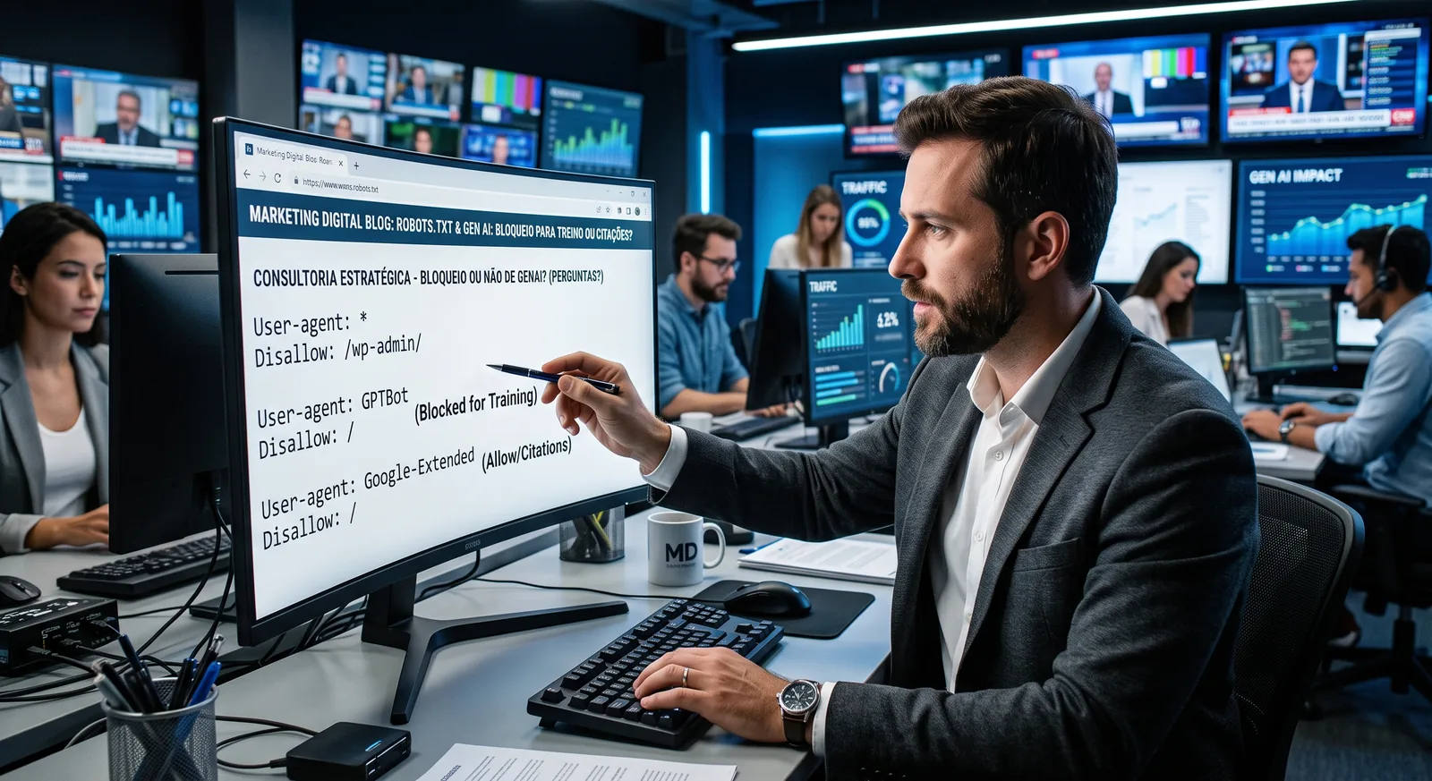 Consultor de SEO a rever um ficheiro robots.txt num ecrã, numa redação com televisões de notícias e painéis de tráfego ao fundo