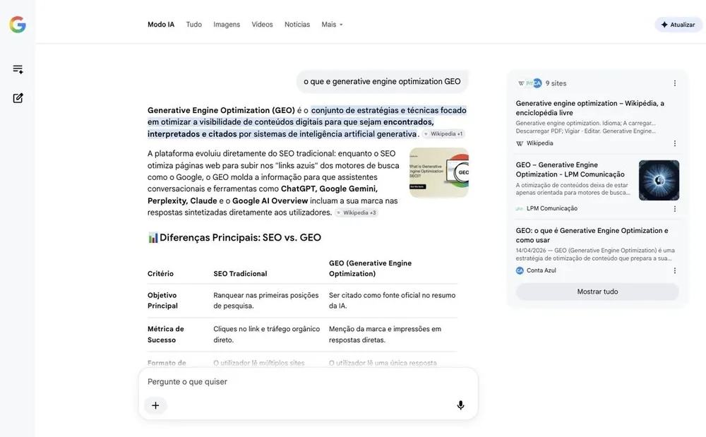 Google's AI Mode answering a GEO query, with an SEO vs GEO table and the cited-sources panel.