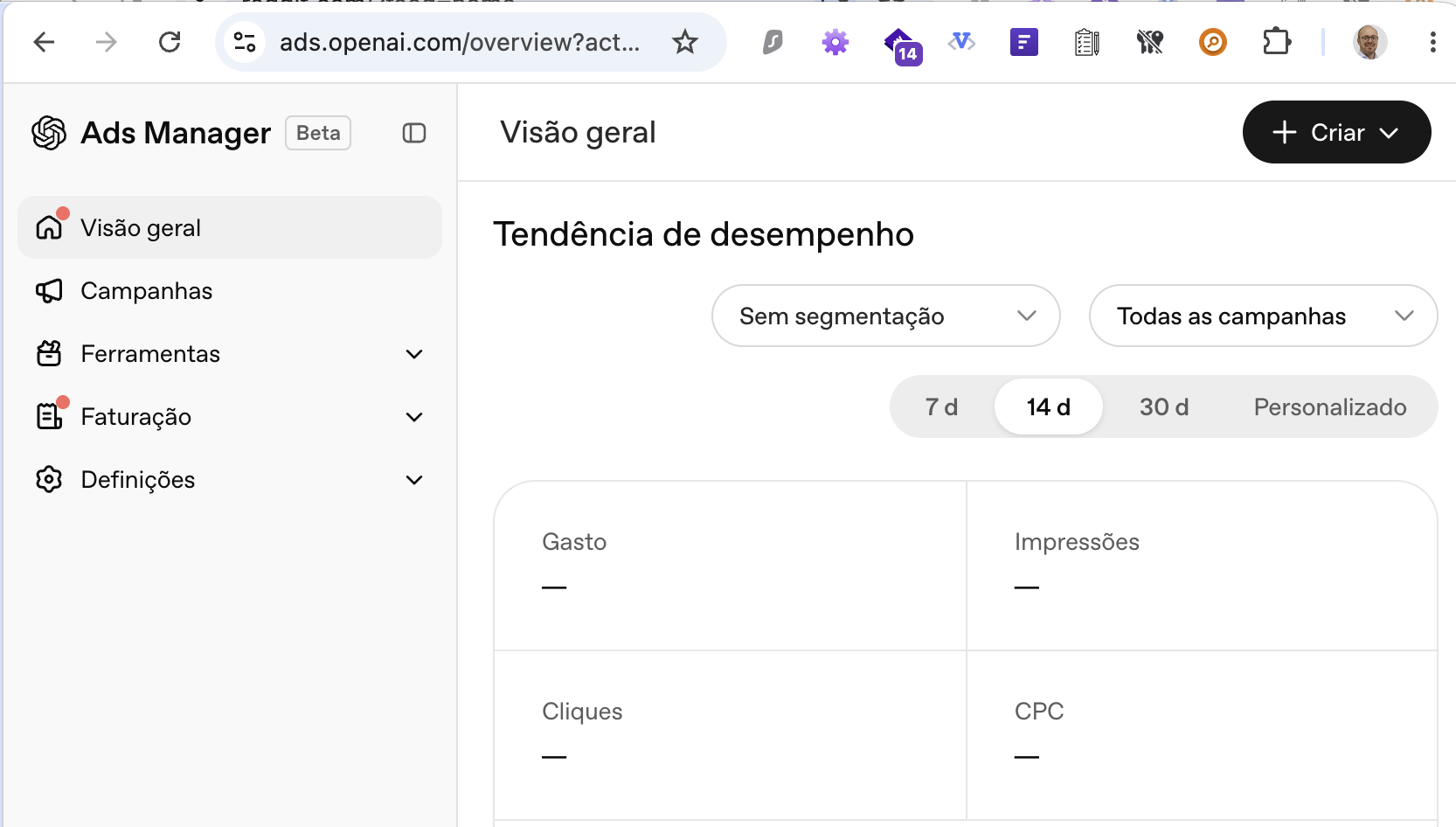 Screenshot of the OpenAI Ads Manager, marked Beta, on the Overview view, with a left menu of Campaigns, Tools, Billing and Settings and the metrics Spend, Impressions, Clicks and CPC still at zero